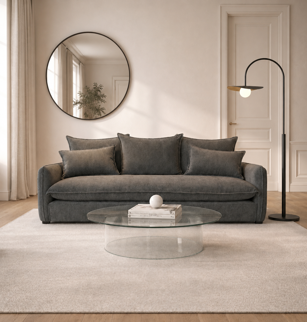 sofá moderno verde olivo de tela con cojines en espacio interior minimalista toura