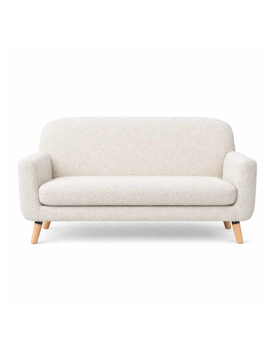 sofá de 2 plazas blanco en tela bouclé diseño contemporáneo con brazos redondeados y pata de madera
