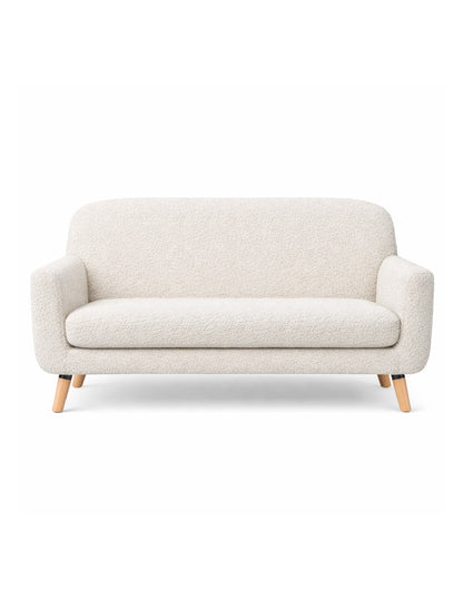 sofá de 2 plazas blanco en tela bouclé diseño contemporáneo con brazos redondeados y pata de madera
