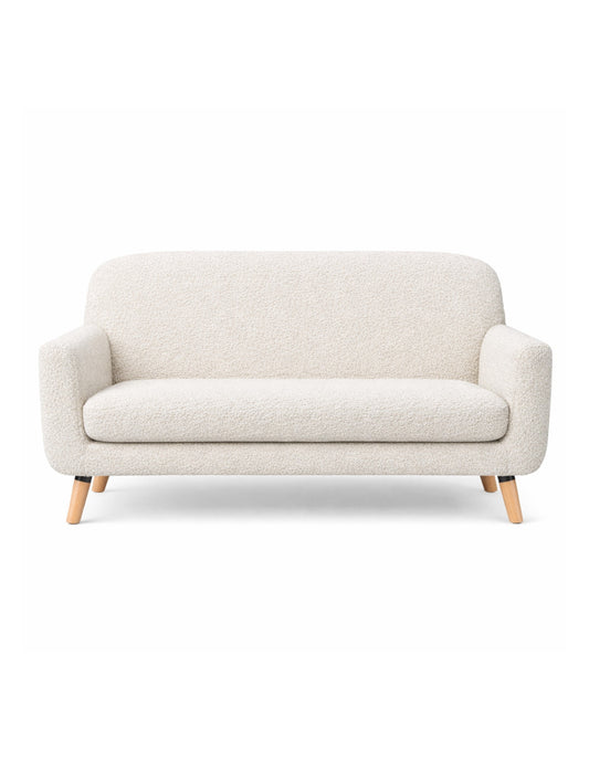 sofá de 2 plazas blanco en tela bouclé diseño contemporáneo con brazos redondeados y pata de madera
