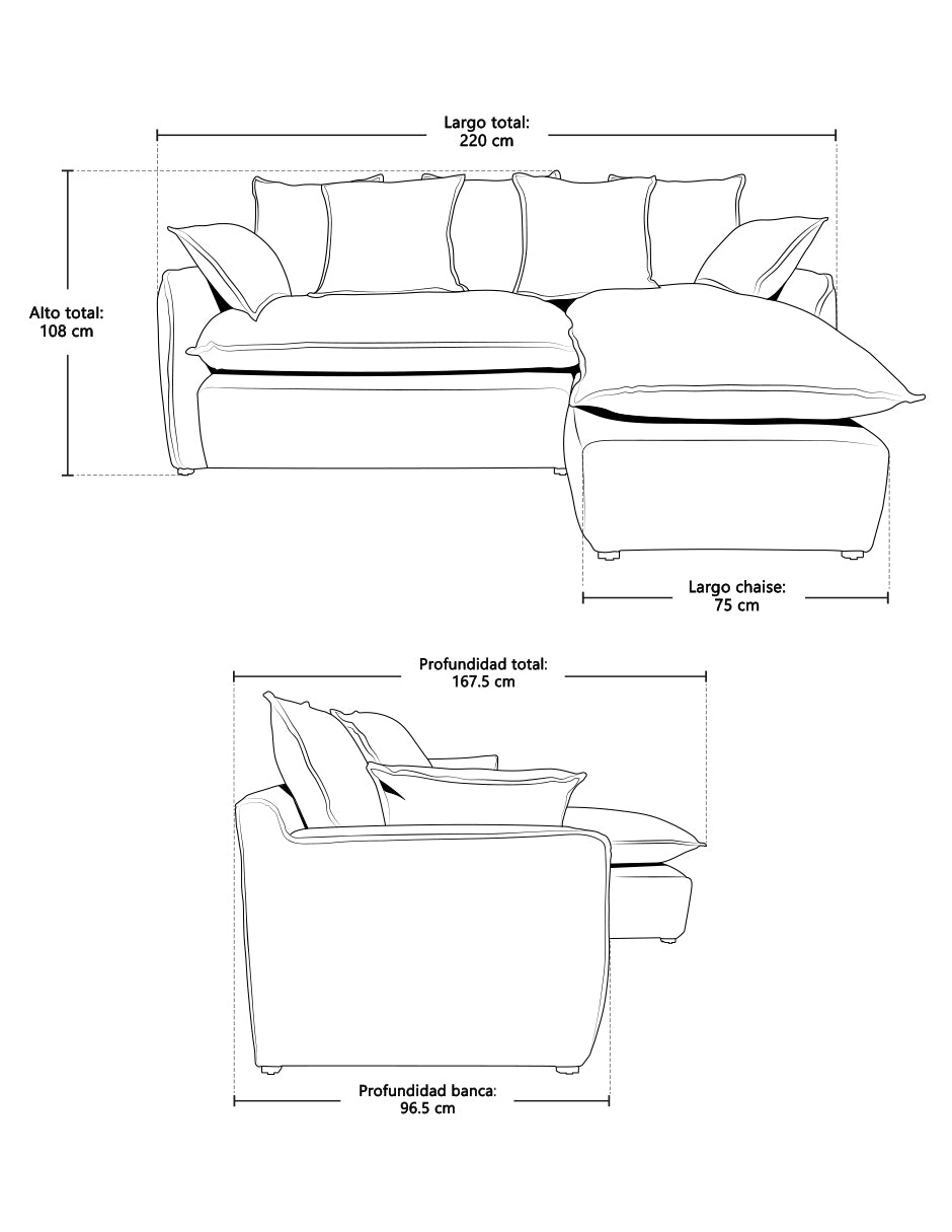 Medidas de sofá en L largo 220 cm profundidad 167.5 cm altura 108 cm chaise 75 cm
