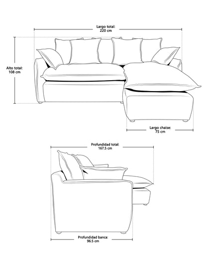 Medidas de sofá en L largo 220 cm profundidad 167.5 cm altura 108 cm chaise 75 cm