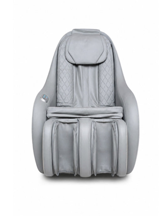 Vista frontal sillon de masaje reclinable con soporte de piernas y diseño ergonómico color gris