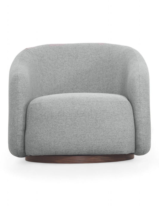 Vista frontal sillón giratorio moderno gris claro con diseño curvo y base giratoria de madera