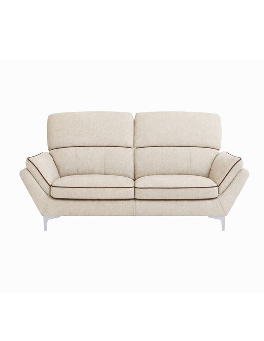 sofá moderno de 2 plazas beige con ribete contrastante en brazos y cojines, con patas metálicas 