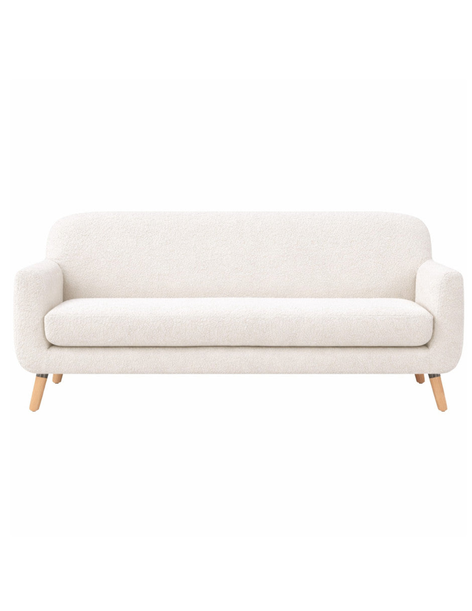 Vista frontal sofá de 3 plazas blanco en tela bouclé diseño contemporáneo con patas de madera
