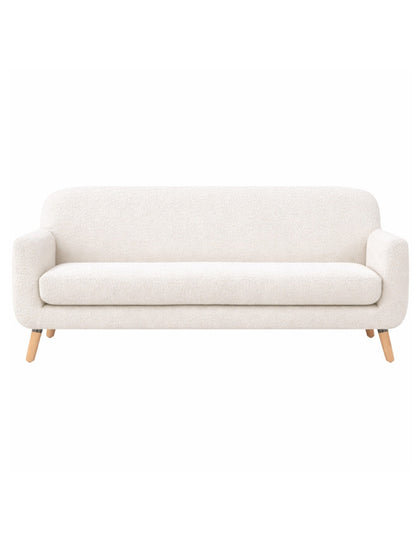 Vista frontal sofá de 3 plazas blanco en tela bouclé diseño contemporáneo con patas de madera