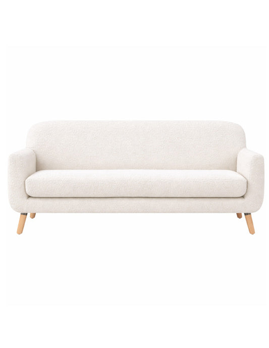 Vista frontal sofá de 3 plazas blanco en tela bouclé diseño contemporáneo con patas de madera