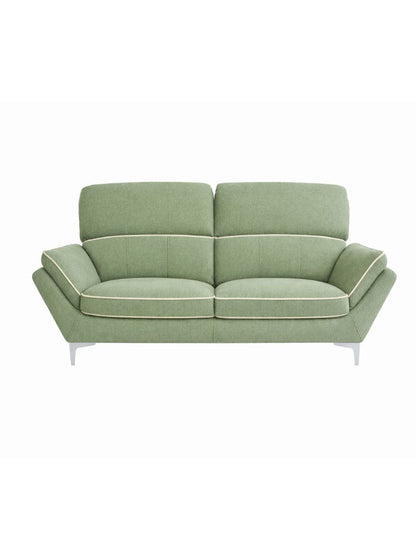 love seat verde de tela con detalle de bies en asientos, brazos y respaldo en color blanco y patas metálicas, estilo contemporáneo 
