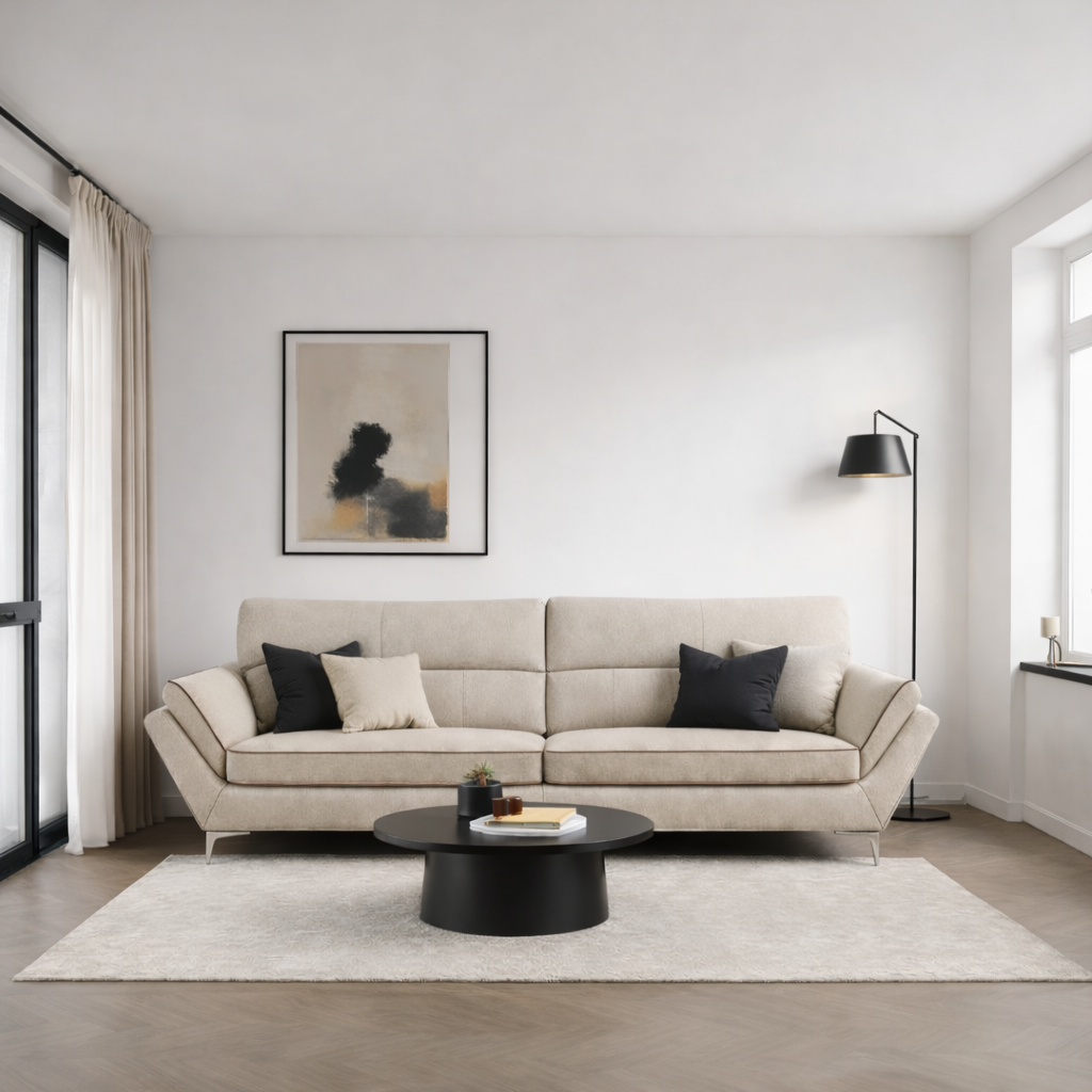 Sofá 3 plazas con bies contrastante en sala moderna con mesa de centro negra y lámpara metálica color negro y decoración minimalista toura