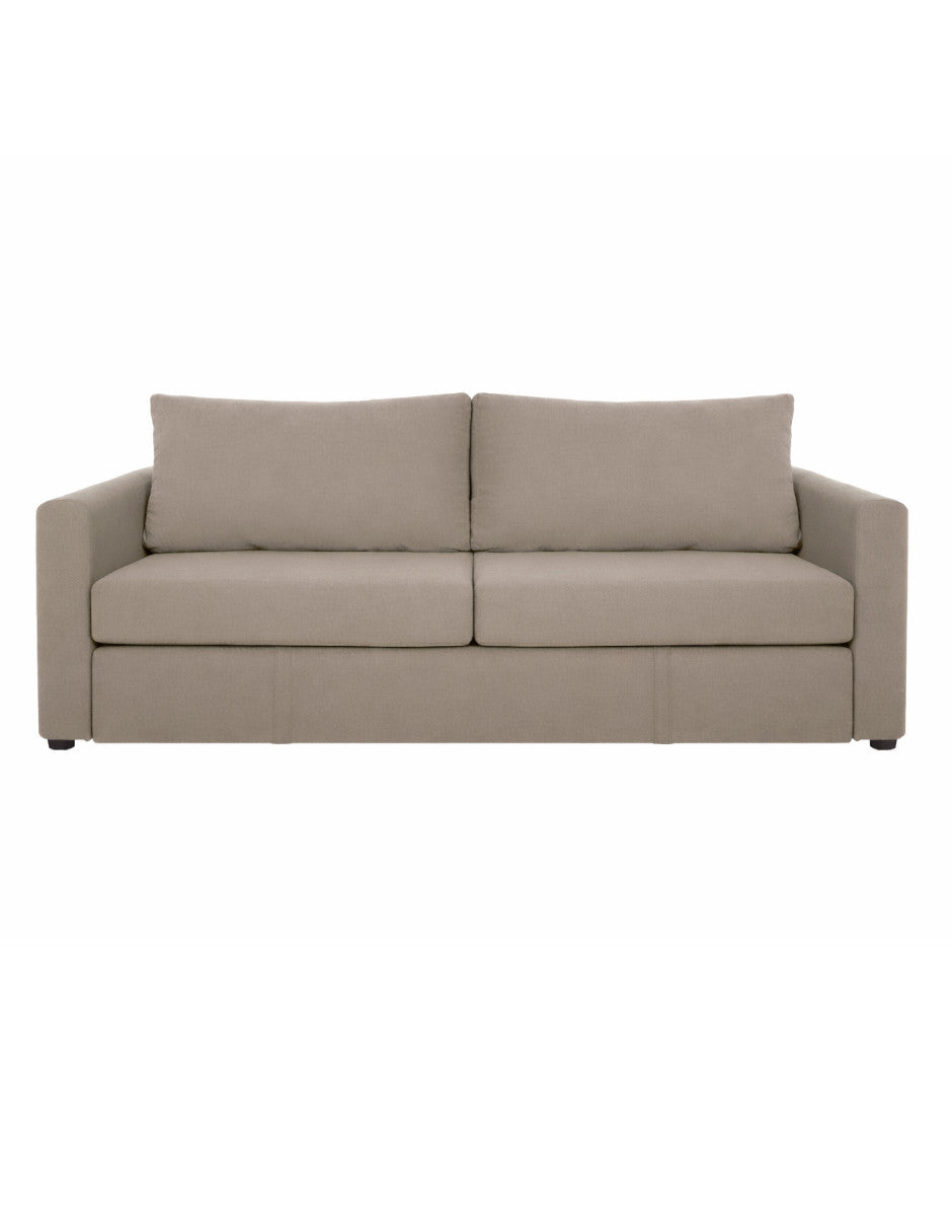 Sofá cama moderno de 3 plazas en color beige en posición de sofá con diseño minimalista