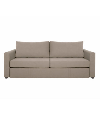 Sofá cama moderno de 3 plazas en color beige en posición de sofá con diseño minimalista